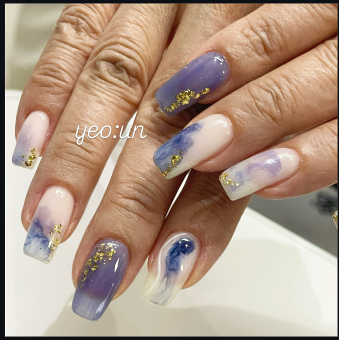Blue watercolour gel nails with gold leaf flake by NAIL YEO:UN, Eastwood
